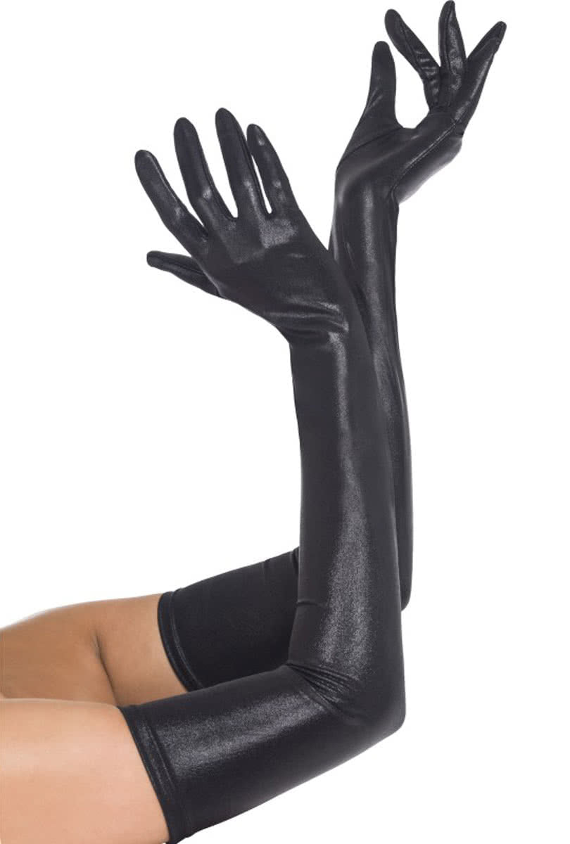 Gloves Black Wet Look as a Halloween costume accessory