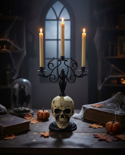 3-armiger Totenkopf Kerzenständer mit LED-Kerzen 66cm