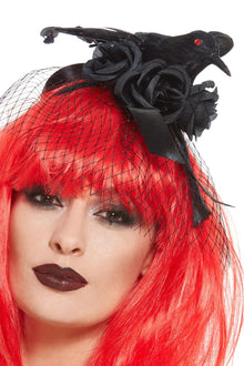 Crow Hairband With Veil & Roses Black
