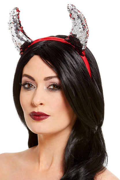 Teufelshörner mit Pailletten in Rot-Silber