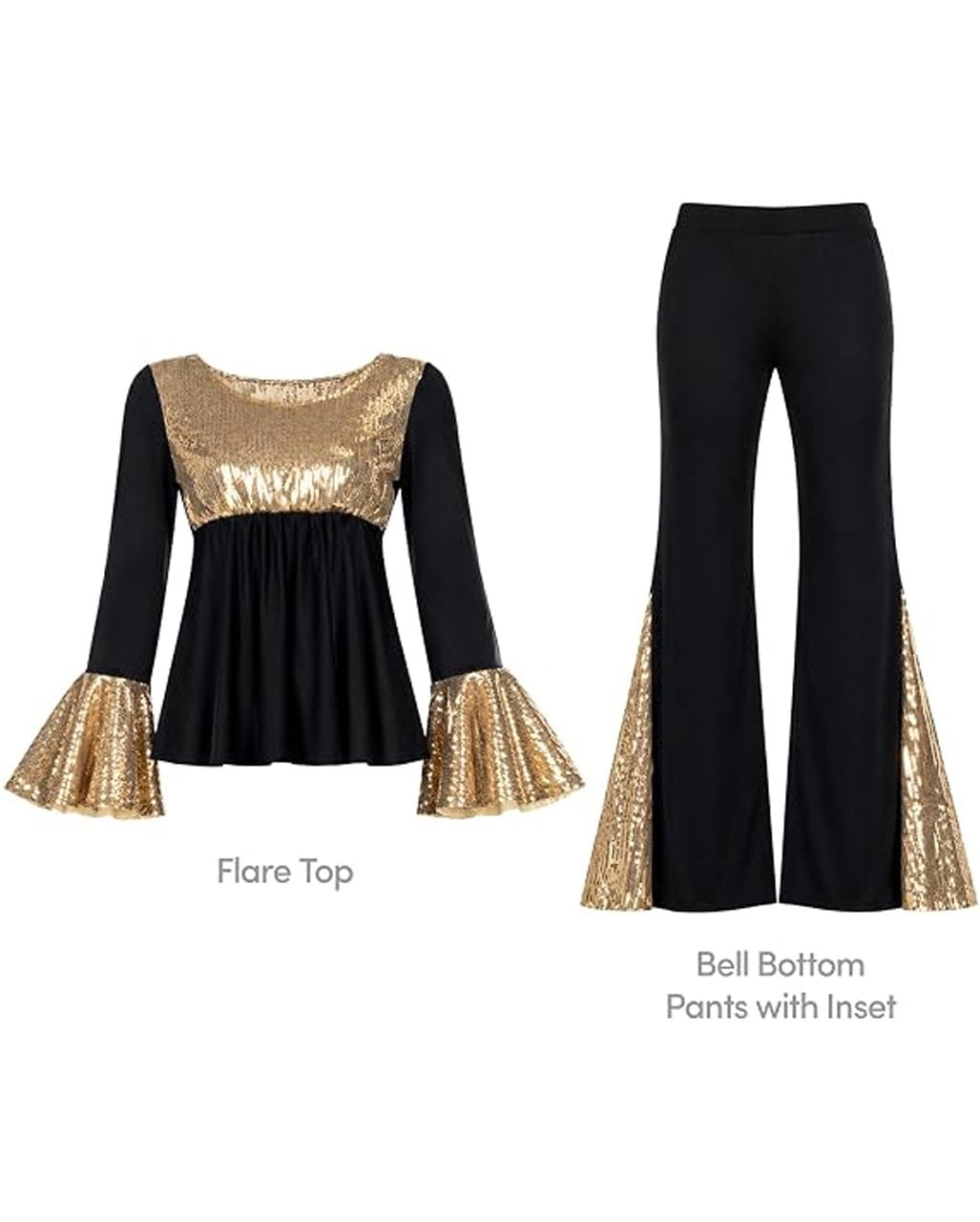 Costume da donna in stile disco anni '70, nero e oro