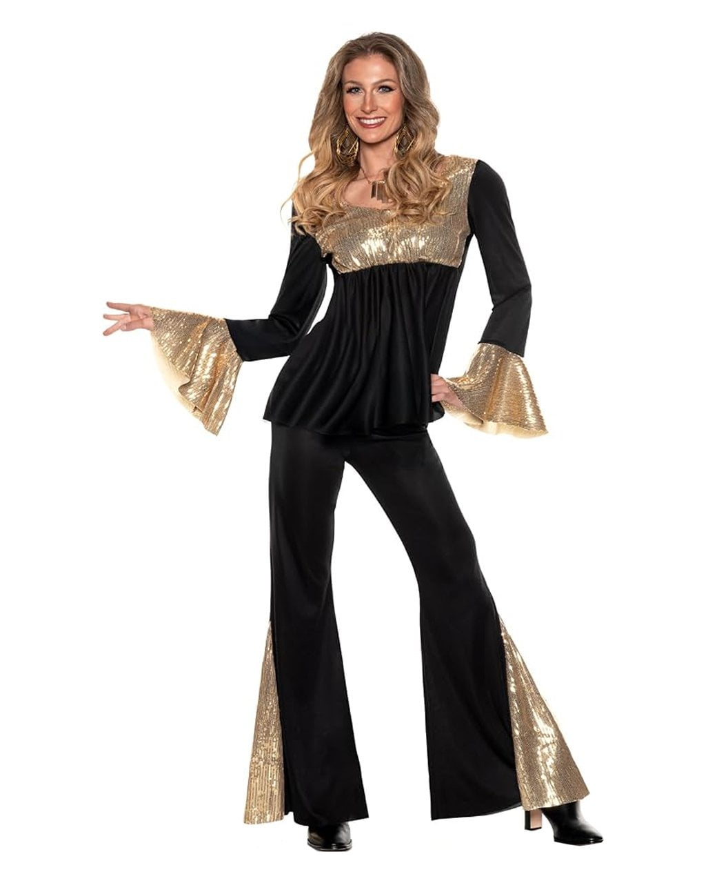 Costume da donna in stile disco anni '70, nero e oro