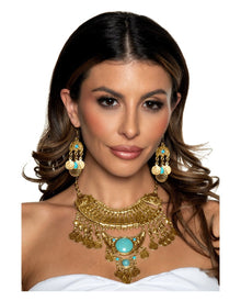 Parure de bijoux égyptiens : collier et boucles d'oreilles, or et turquoise