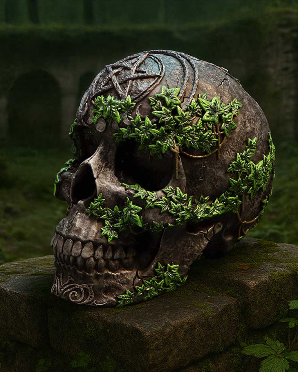 Antiker Pentagramm Totenkopf mit Efeu 19cm