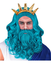 Blaue Neptun Perücke mit Bart & Schnurrbart