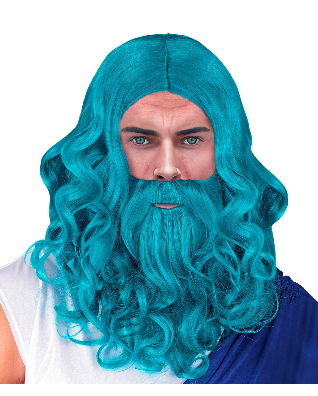 Blaue Neptun Perücke mit Bart & Schnurrbart