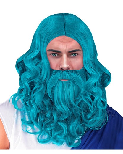 Blaue Neptun Perücke mit Bart & Schnurrbart