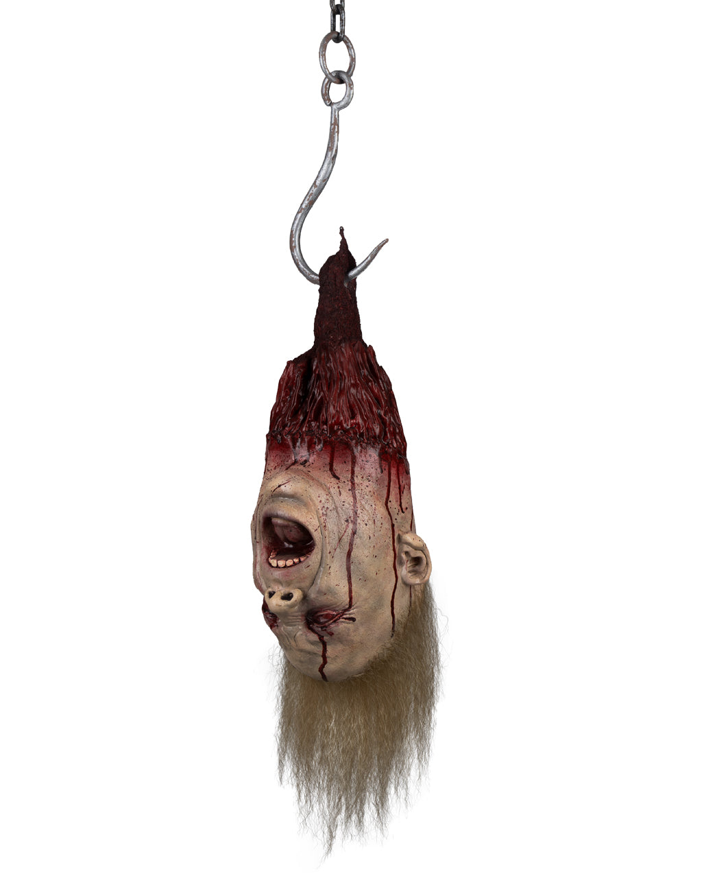 Blonder, blutiger Männerkopf am Haken