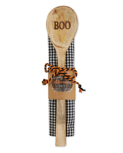 "Boo" Motiv Holzlöffel & Geschirrtuch Set