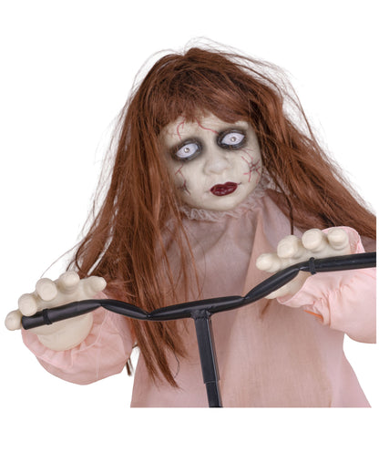 Creepy Cycling Cindy, animatronica di Halloween | Suono e movimento, 94x72 cm