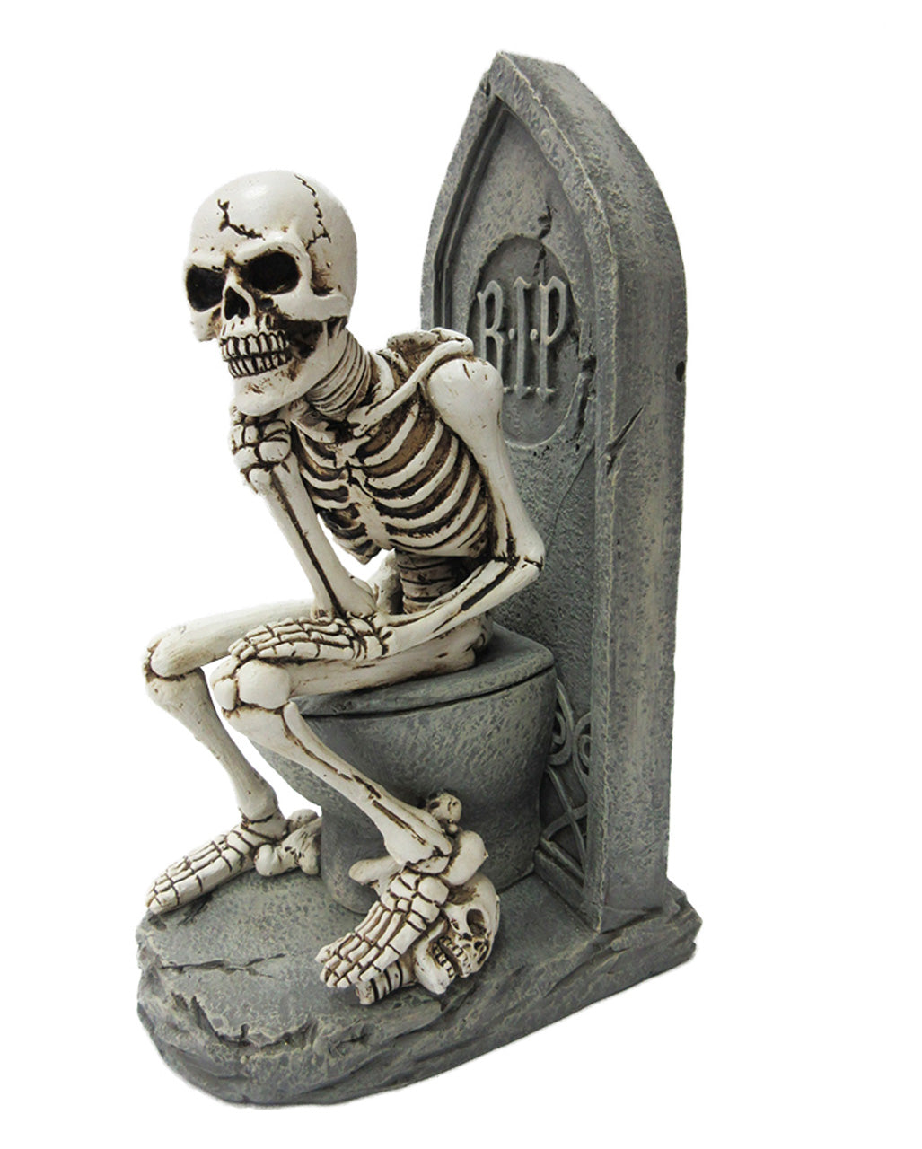 Denkende Skelett Figur auf Toilette