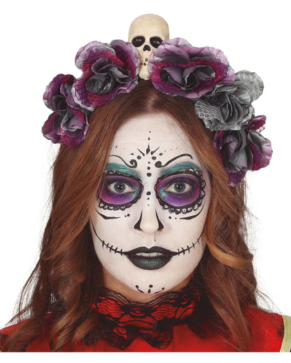 Dia de los Muertos Totenkopf Haarreif mit Blumen