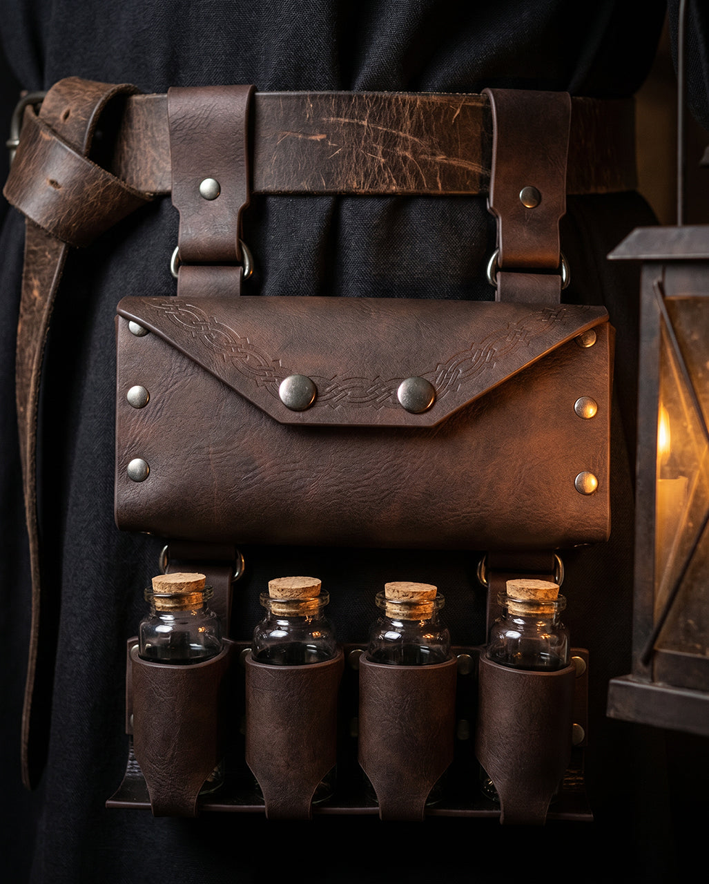 Braune Mittelalter Gürteltasche mit 4 Trankflaschen