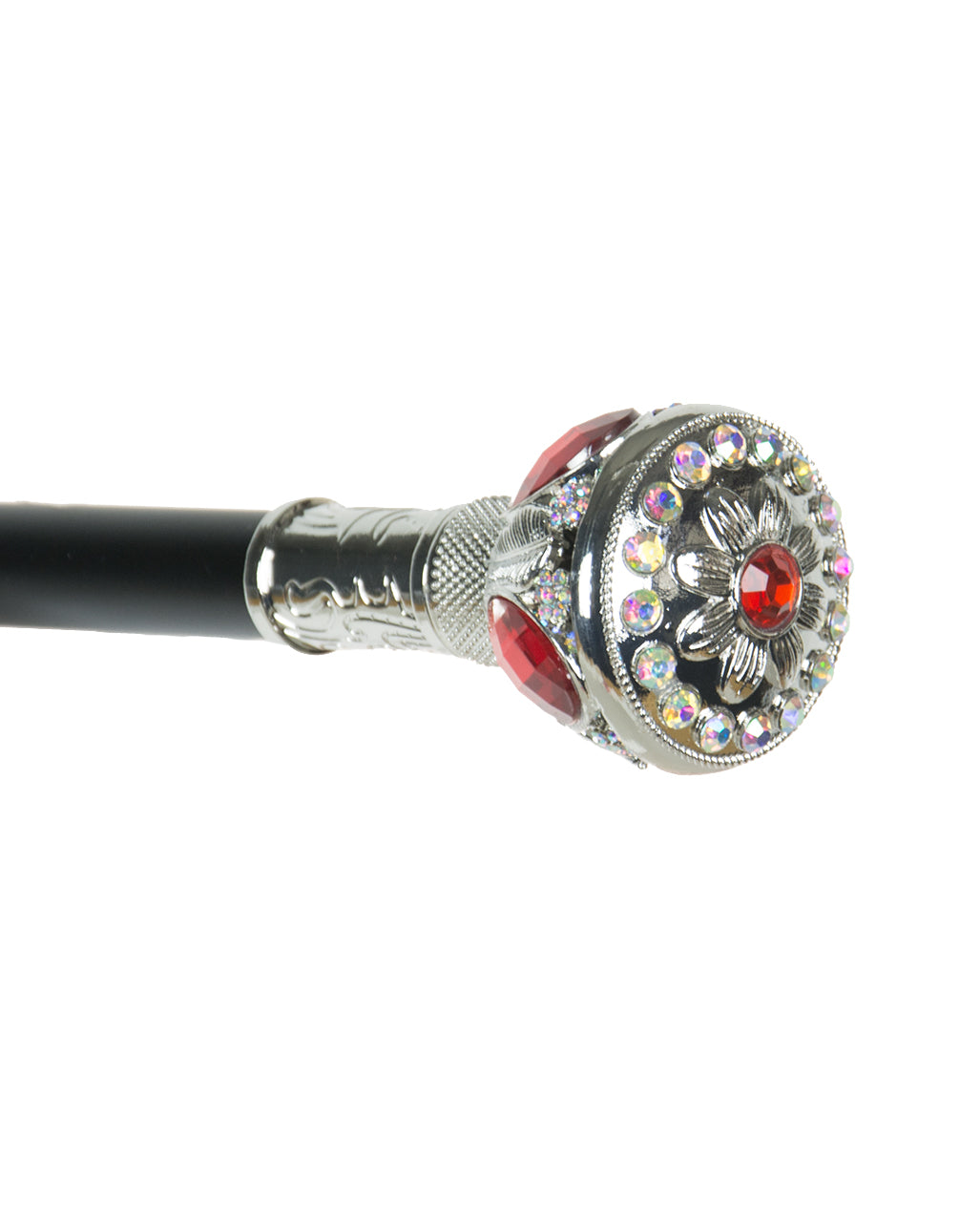 Walking Stick With Shiny Silver Knob & Red Stone 95cm