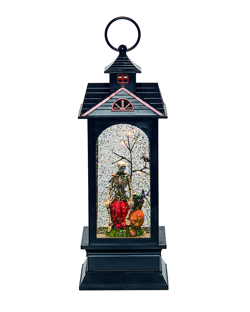 Gespensterhaus Wasserkugel Laterne mit Skelett & LED 28 cm