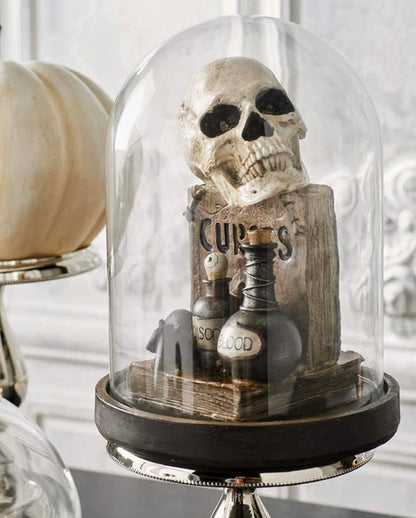 Halloween Glasglocke mit LED Totenkopf & Zauberbüchern 31cm