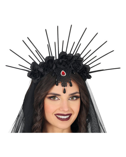 Gothic Headband With Black Flowers & Rays