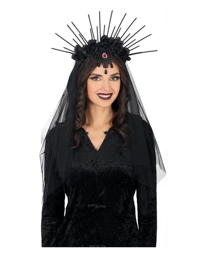 Gothic Headband With Black Flowers & Rays