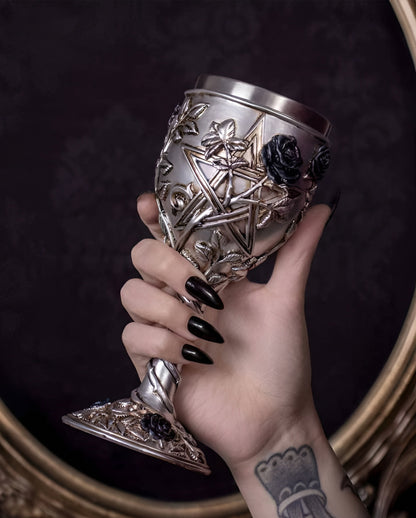 Gothic Kelch mit Schwarzer Rose & Pentagramm 19cm