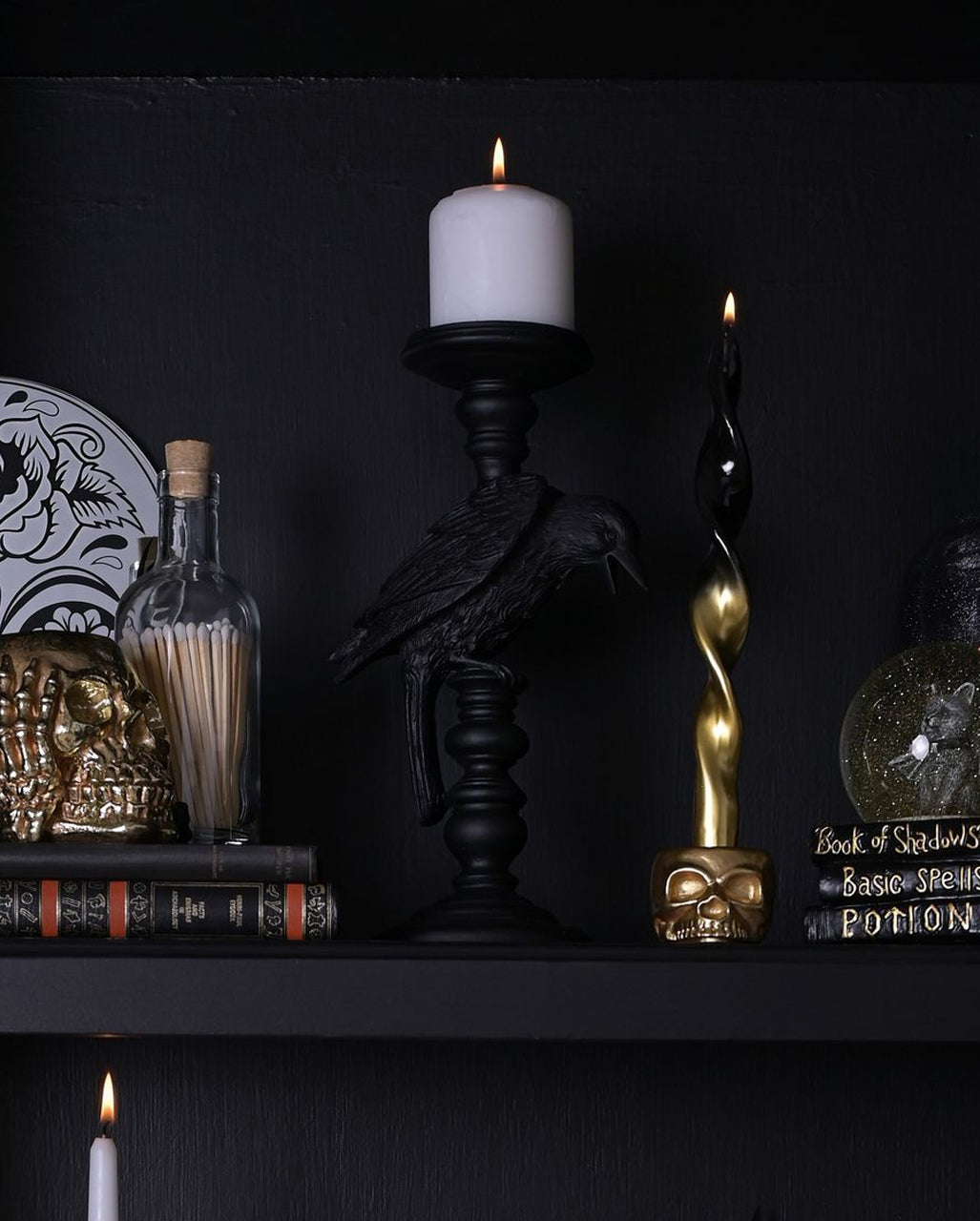 Gothic Kerzenhalter mit schwarzer Krähe 29cm