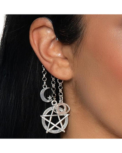 Boucles d'oreilles gothiques : pentagramme, lune et étoiles