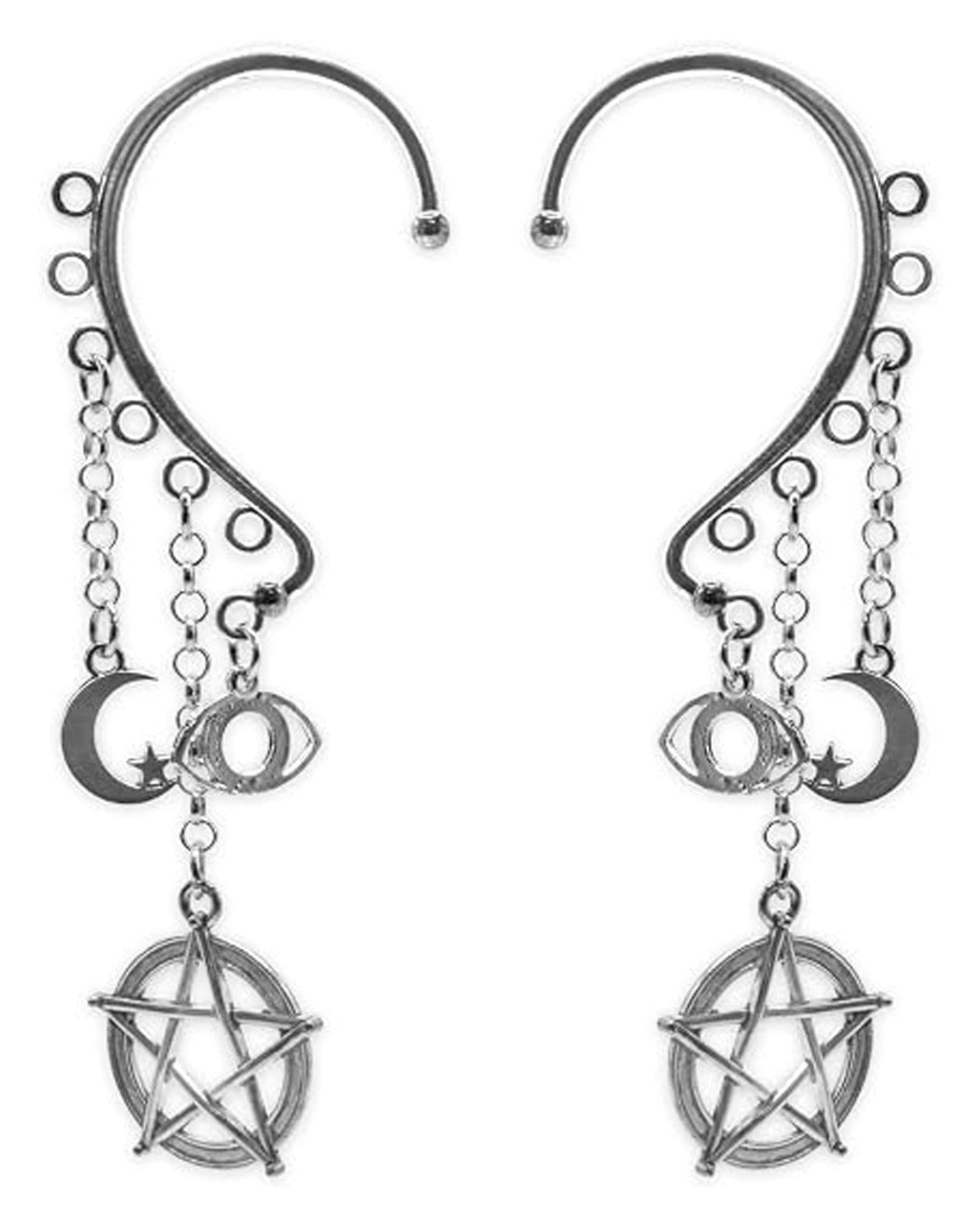 Boucles d'oreilles gothiques : pentagramme, lune et étoiles