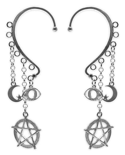 Boucles d'oreilles gothiques : pentagramme, lune et étoiles