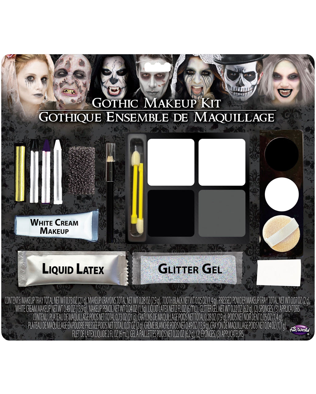 Gothic Schwarz-Weiß Make-Up Set 15-teilig