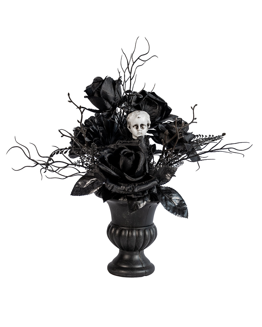 Gothic Vase mit Schwarzen Rosen & Antikem Puttenkopf 31cm