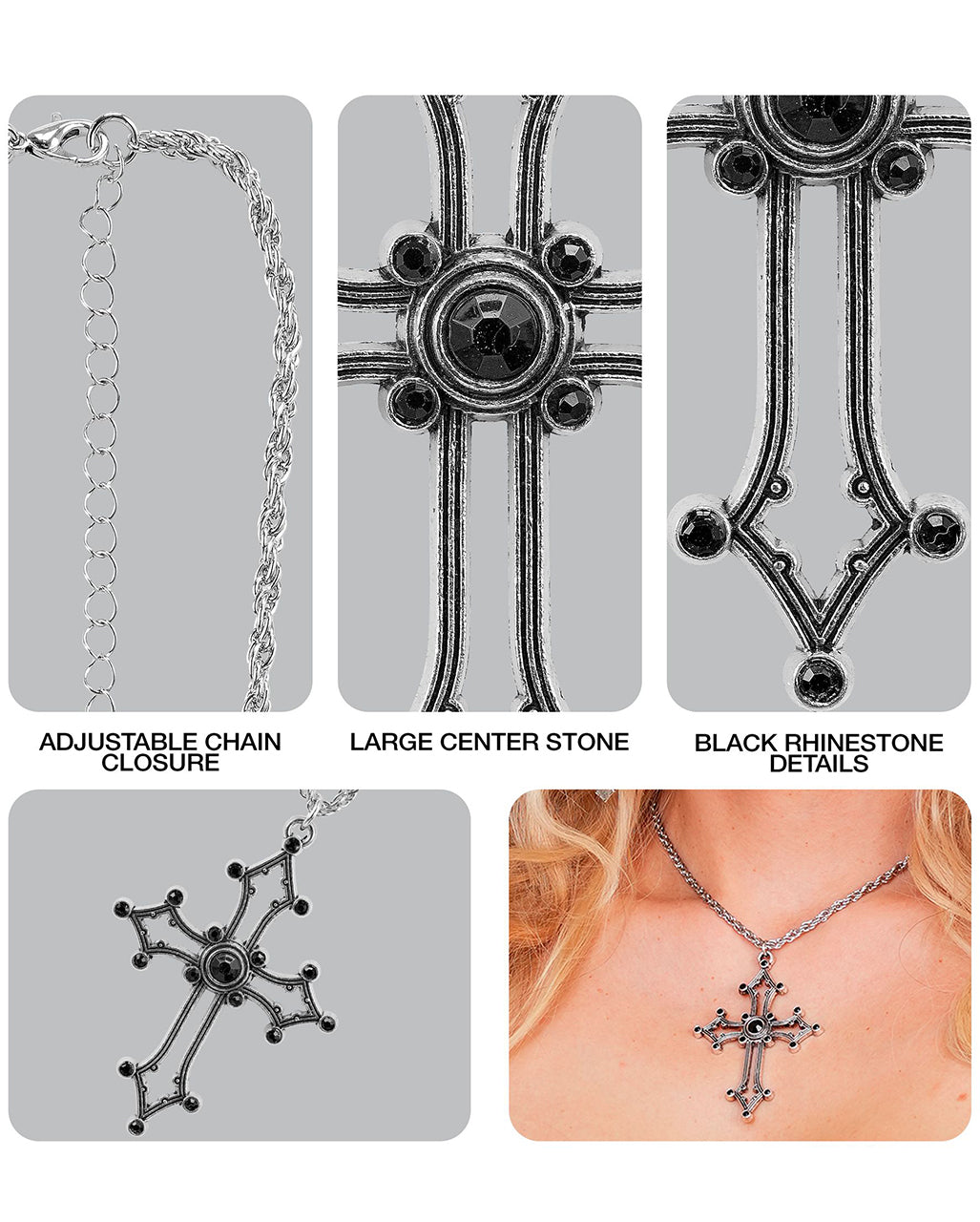 Gotische Kreuz Kette mit schwarzen Edelsteinen