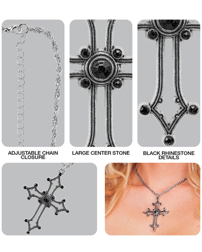 Gotische Kreuz Kette mit schwarzen Edelsteinen