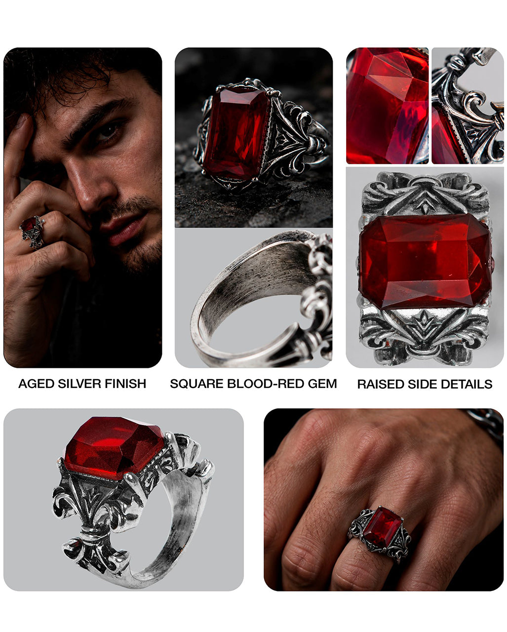 Gotischer Vampir Ring mit rotem Edelstein