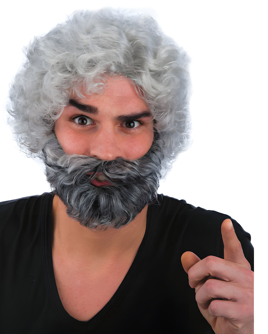 Gray Men's Wig With Curls & Full Beard