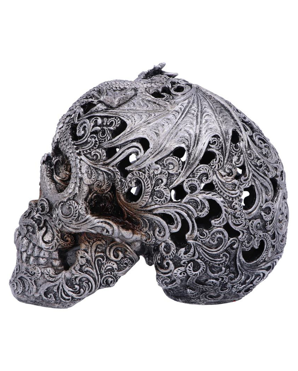 Gravierter Drakos Totenschädel mit Drachenmotiv 19,5cm