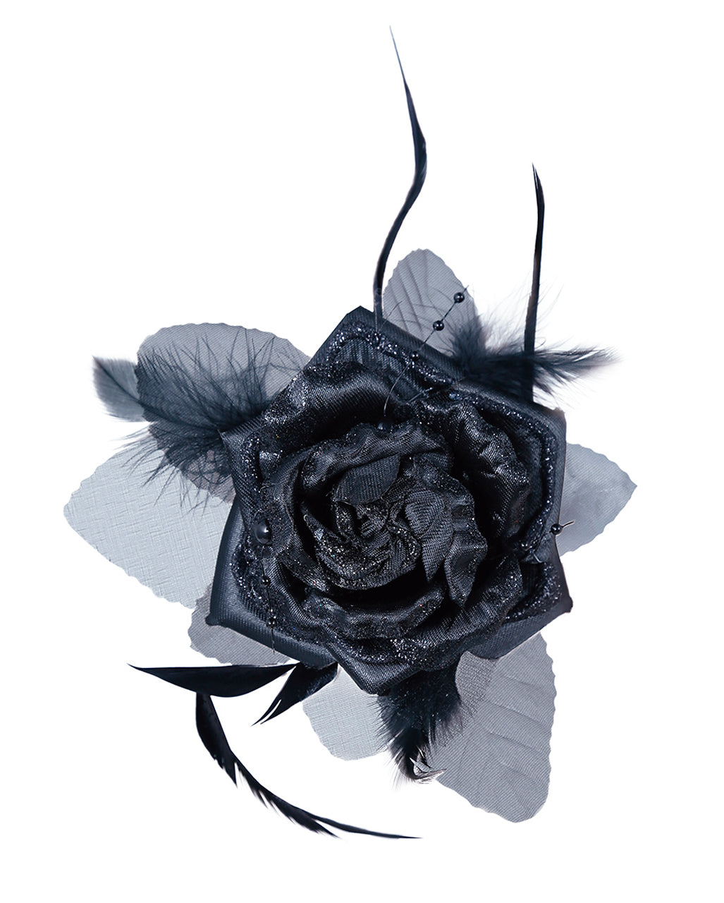 Haarspange mit schwarzer Rose und Federn