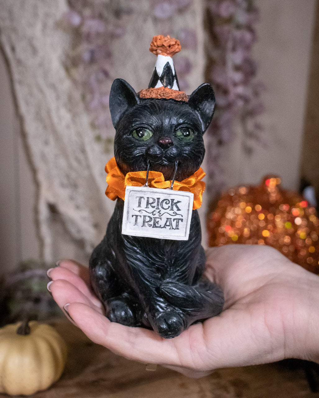 Halloween Clowns Katze mit Trick or Treat Schild 15cm