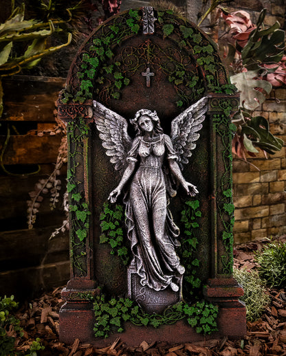 Halloween Grabstein mit Geflügelter Engelsstatue & Efeu 91cm
