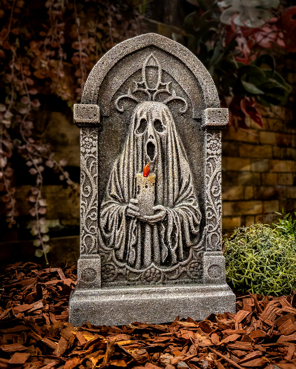 Halloween Grabstein mit Geist & Kerze 53cm