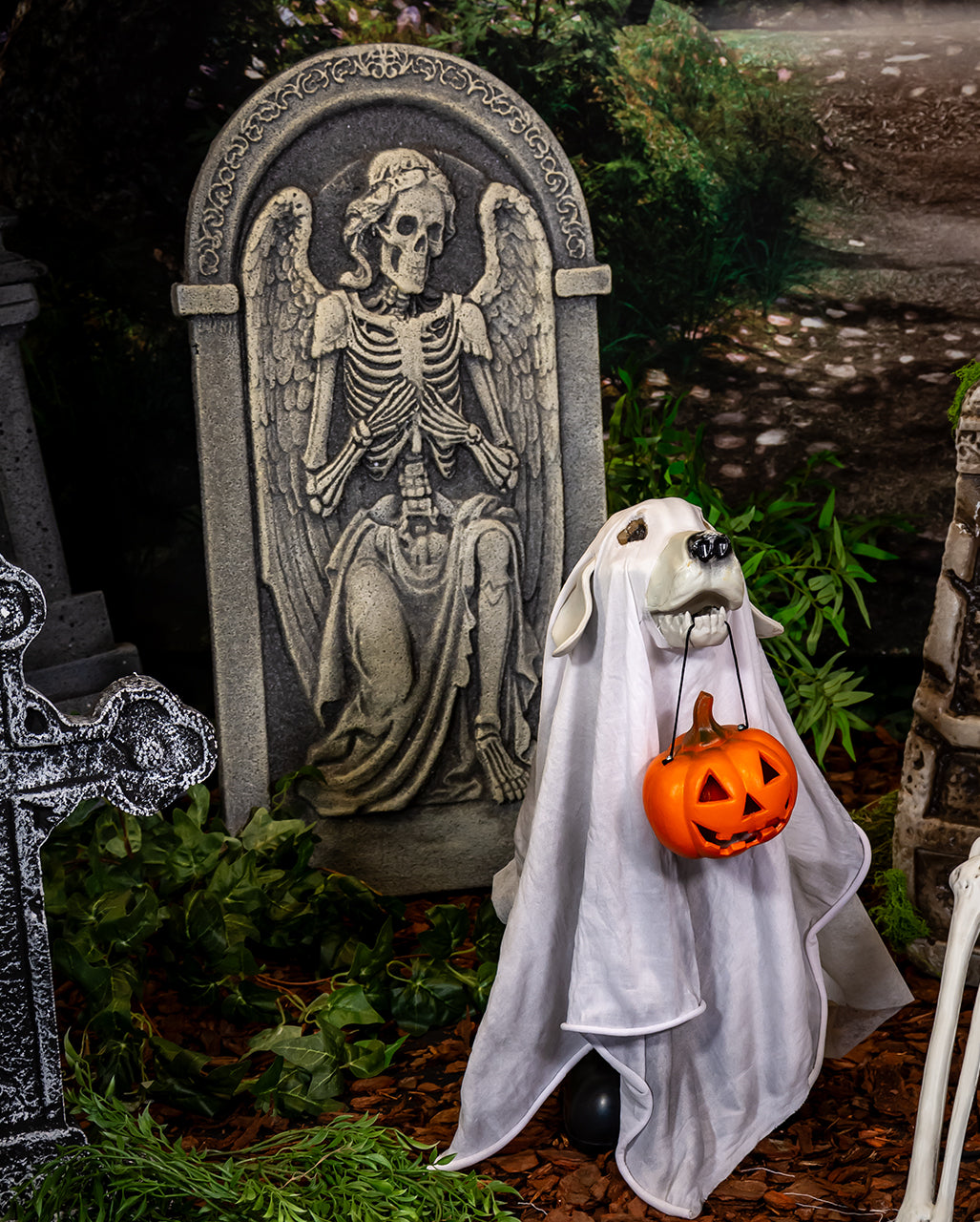 Halloween Grabstein mit Kniehendem Skelett Engel 91cm