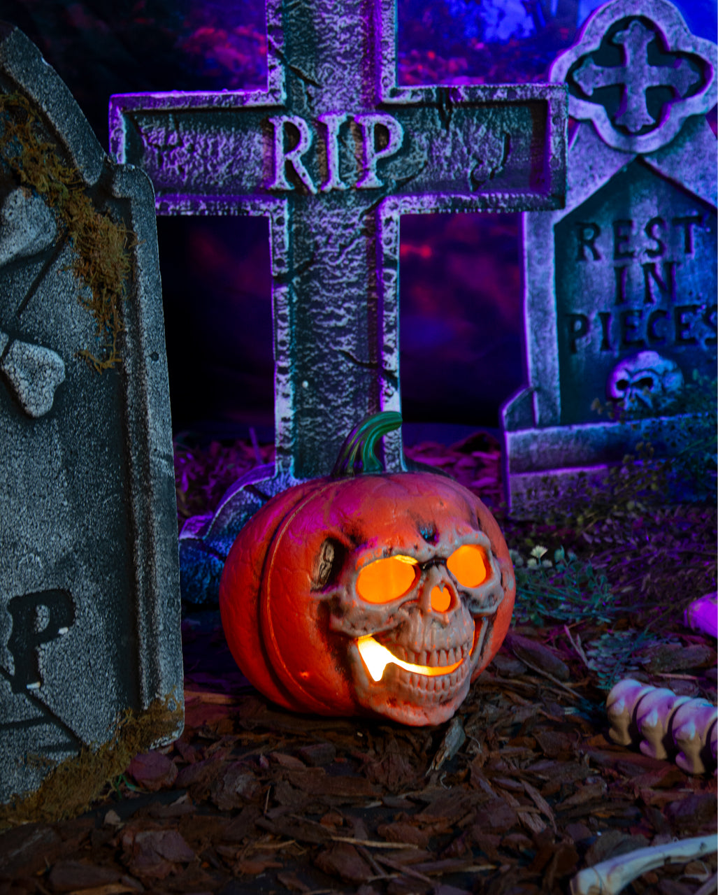 Zucca Di Halloween Con Smorfia Di Teschio Illuminata 21cm