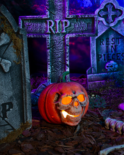 Zucca Di Halloween Con Smorfia Di Teschio Illuminata 21cm