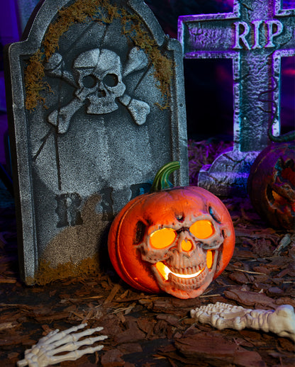 Zucca Di Halloween Con Smorfia Di Teschio Illuminata 21cm