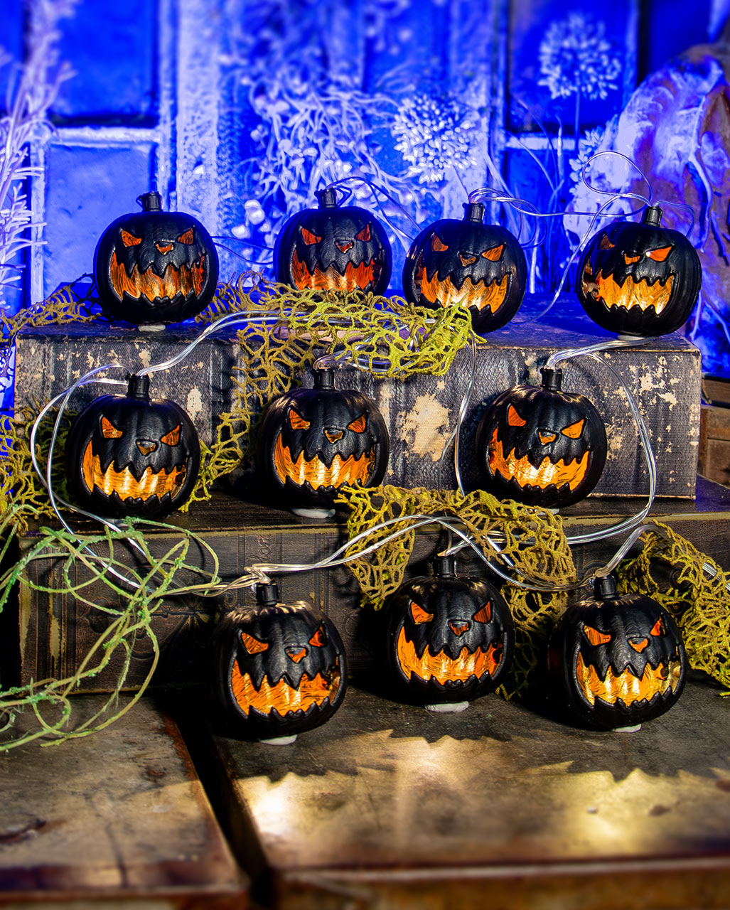 Halloween Lichterkette mit schwarzen Kürbissen 230cm