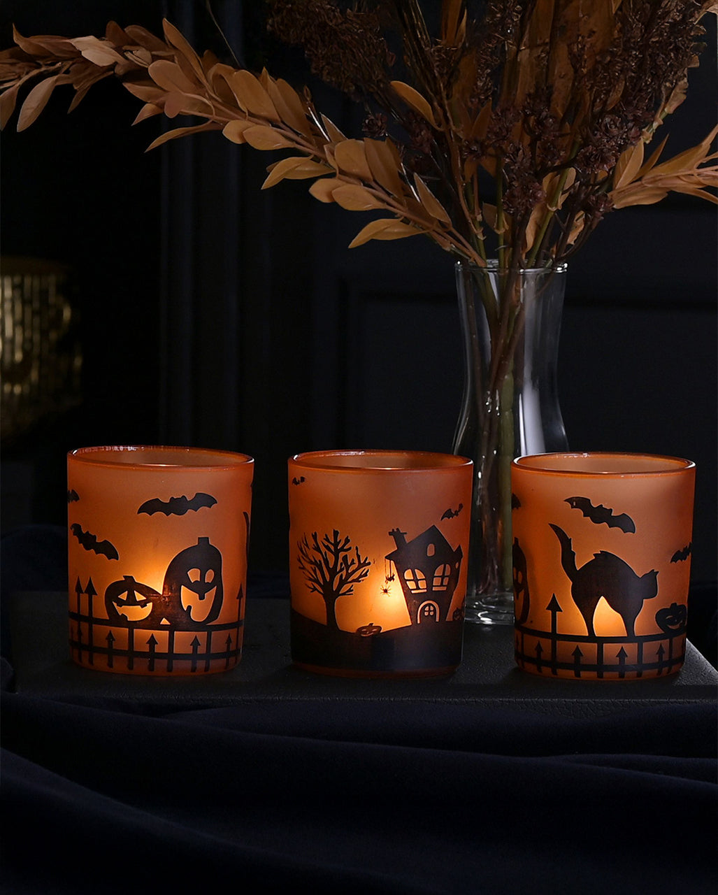 Halloween Motiv Teelichthalter aus Glas 3er-Set