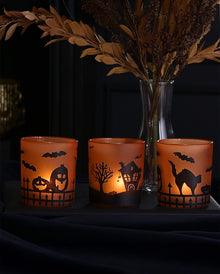 Halloween Motiv Teelichthalter aus Glas 3er-Set
