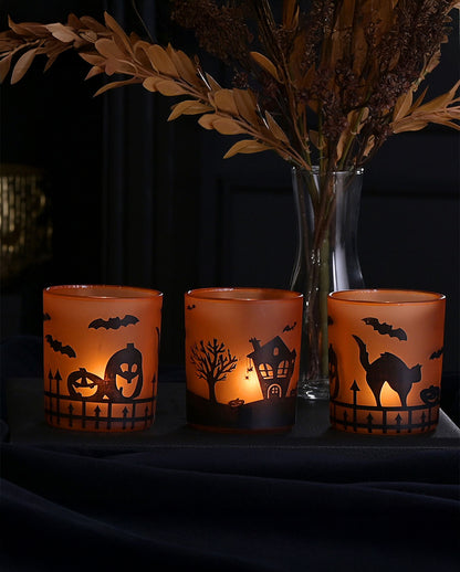 Halloween Motiv Teelichthalter aus Glas 3er-Set