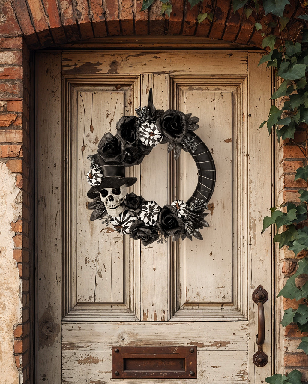 Halloween Door Wreath With Skull & Pumpkins 44cm Ø