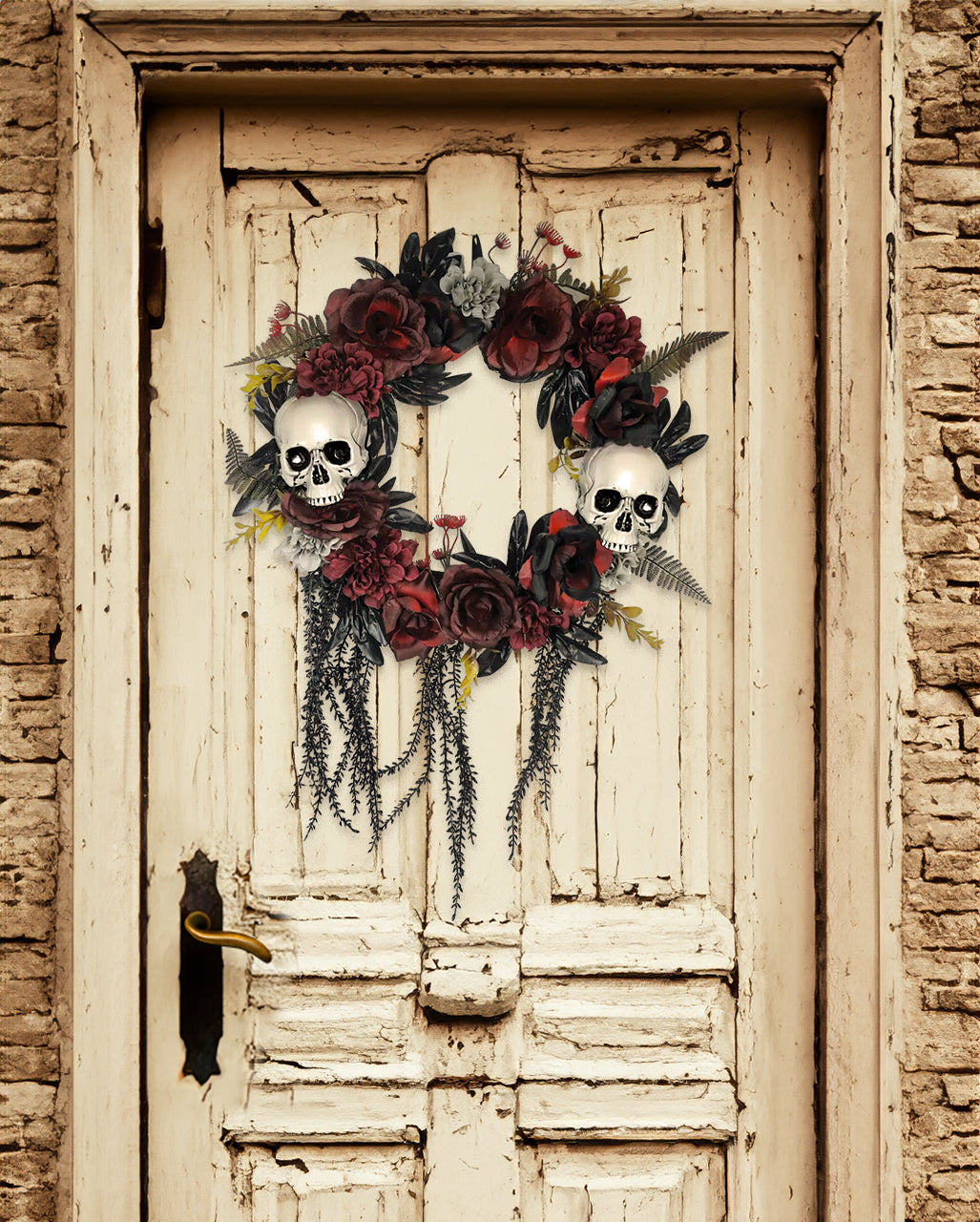Halloween Türkranz mit verblühten Rosen & Totenköpfe