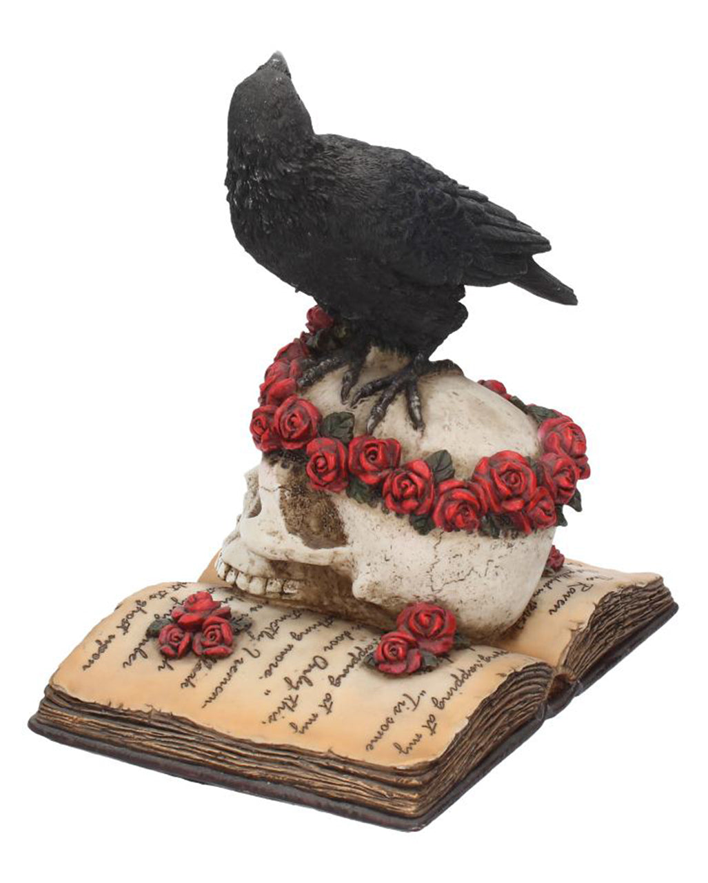 Rabe auf Rosen mit Totenschädel Figur 17cm