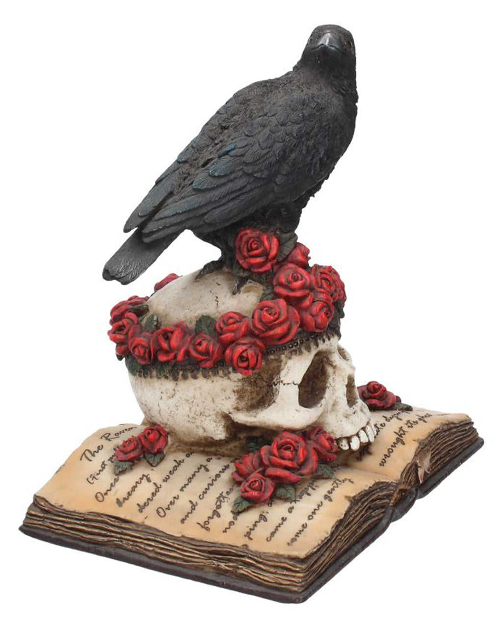 Rabe auf Rosen mit Totenschädel Figur 17cm
